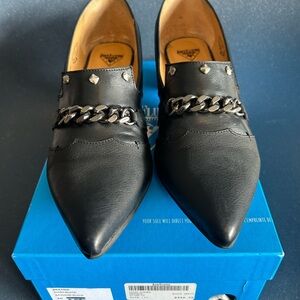 John Fluevog Black Leather Loafers with Studs and Chain